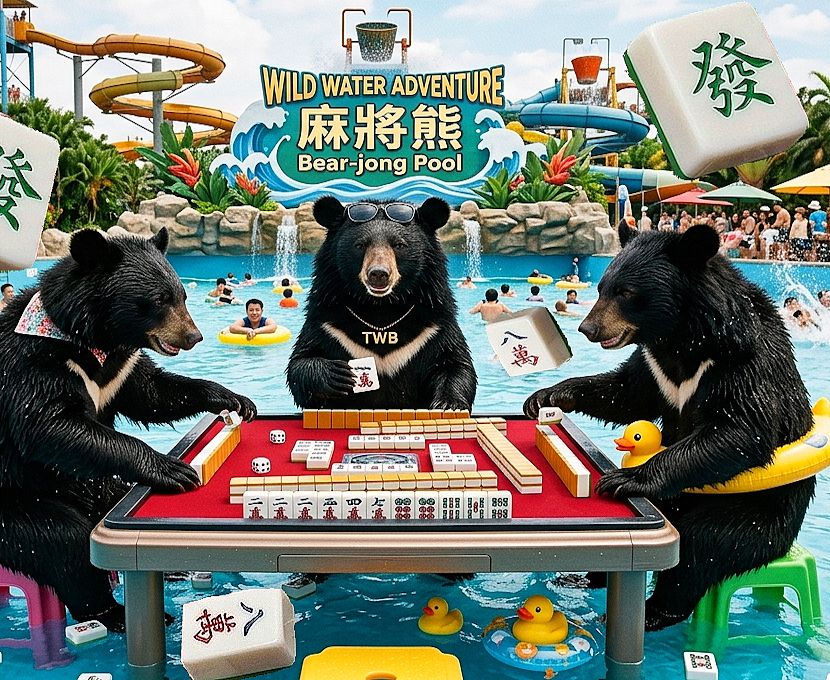 台灣黑熊,台灣熊愛打麻將,台灣黑熊打麻將,熊掌摸牌,水上樂園麻將大賽,國寶打牌,滑水道終點是牌桌,避暑勝地打麻將,熊氣逼人水上樂園